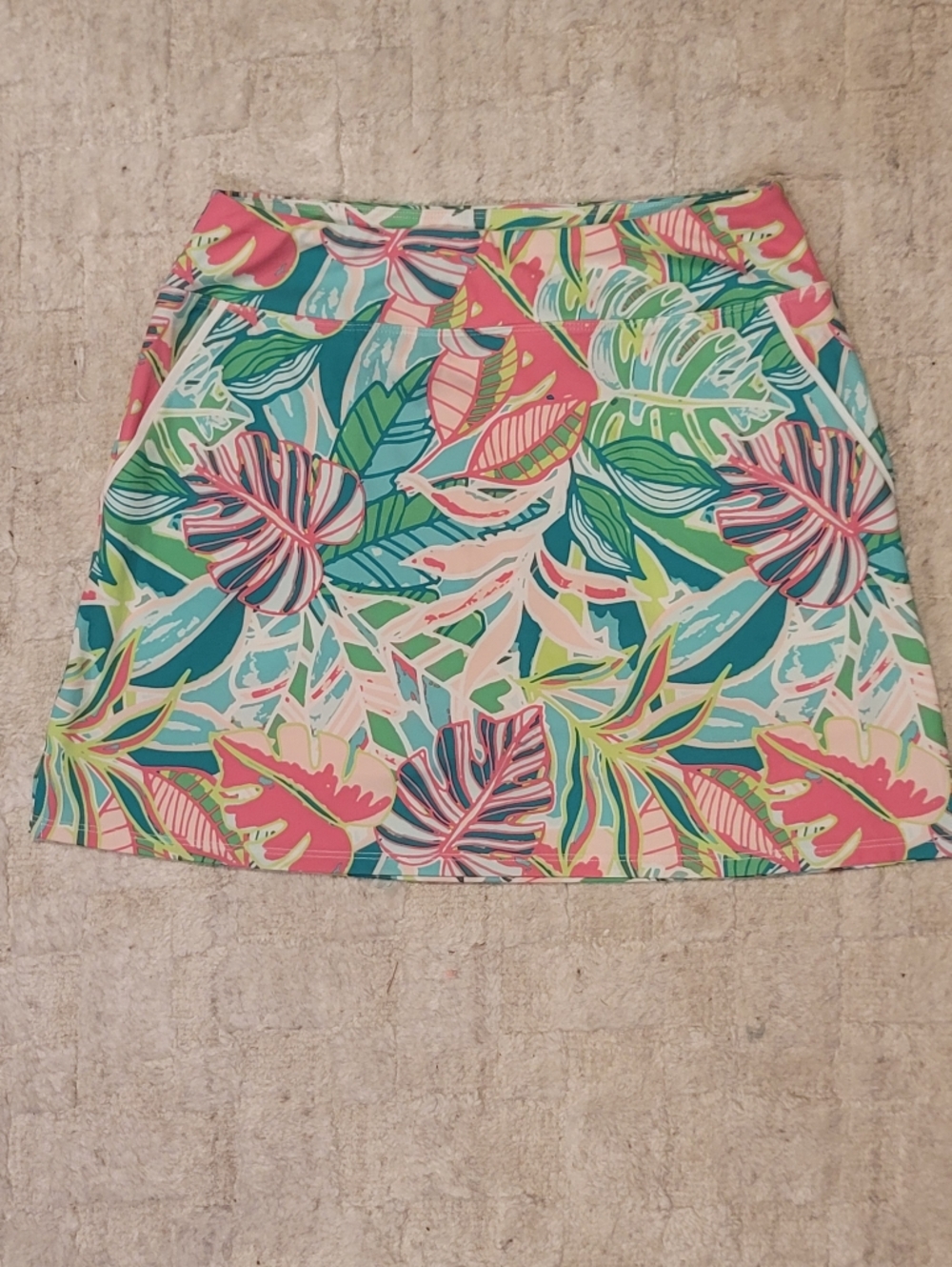 SIGRID OLSEN Golf Tennis Skort Tropical Leaf Print Teal Pink Green Pockets Small